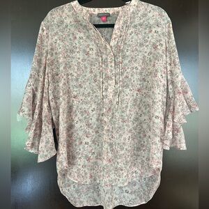 Vince Camuto Dusty Pink Floral Ruffle-Sleeve Split-Neck Blouse